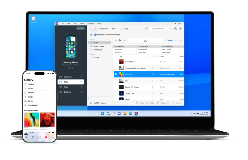 Laptop and iPhone showing iMazing music library transfer