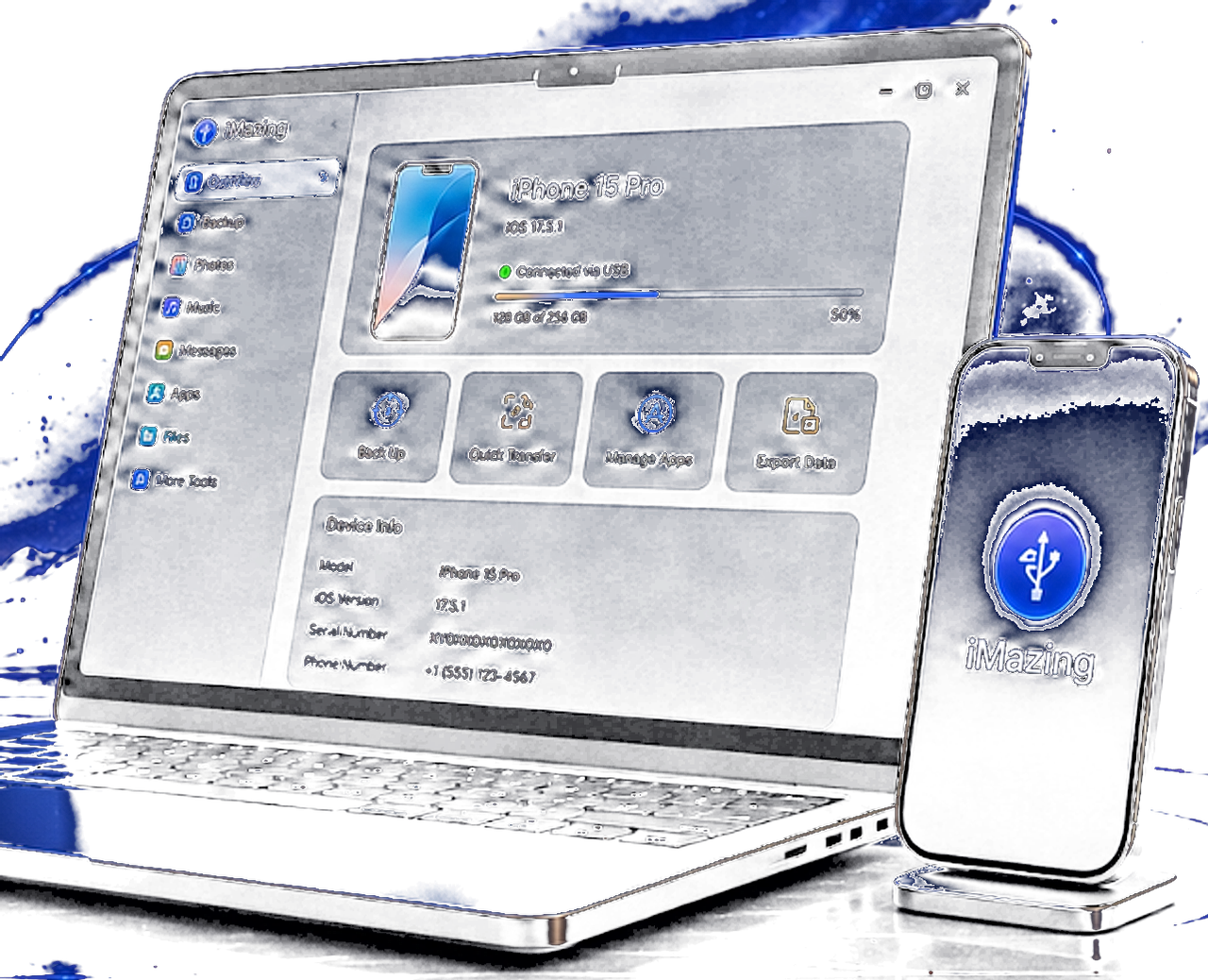 iMazing on MacBook and iPhone — connected device dashboard