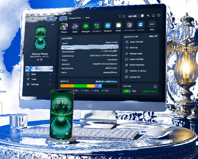 iMazing on Mac with iPhone on a luxury blue desk